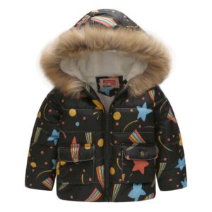 Kids Cartoon Colorful Print Fur Collar Short Hooded Winter Coat