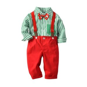 Party Christmas Boy Stripes Print Shirt And Pant With Print Bowtie And Suspender