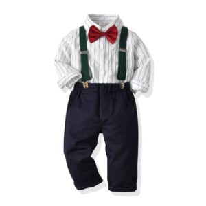 Boy Stripes Print Shirt And Pant With Bowtie And Suspender 4 Pcs Set