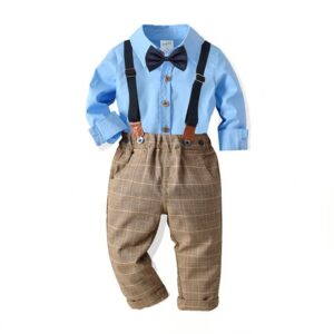 Classic Boy Blue Shirt And Plaid Print Pant With Bowtie And Suspender