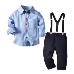 Fashion Boy Stripes Print Shirt And Pant With Bowtie And Suspender
