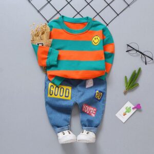 2 Pcs Boys Color Blocking Round Neck Tops And Print Denim Pants