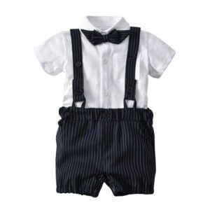 4 Pcs Boy Cotton White Shirt And Shorts And Bowtie Suspender