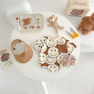 Khaki Smiling Face Full Printed Baby Short Sleeve Rompers