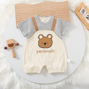 Kids Baby Boys Girls Summer Casual Cute Cartoon Bear Stripe Print Short Sleeve Romper