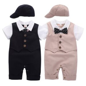 Kids Baby Boys Summer Fashion Casual British Style Solid Color Bow Waistcoat Shirt Boys Party Clothing Romper
