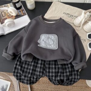 Kids Boys Fashion Casual Autumn Cartoon Elephant Long-Sleeve Sweatshirt Plaid Pants Two-Piece Set