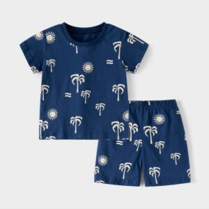 Boy Fashion Casual Printed Short-Sleeve T-Shirt Loose Drawstring Shorts Two-Piece Set