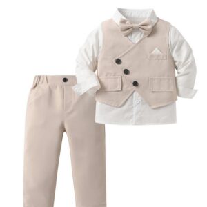 Kids Boys Fashion Spring And Autumn Lapel Long Sleeve Blouse Vest Slim Fit Pants Three-Piece Set