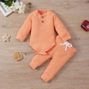 Kids Bys And Girls Autumn And Winter Solid Color Stripes Long-Sleeve Bodysuits Drawstring Pants Two-Piece Set