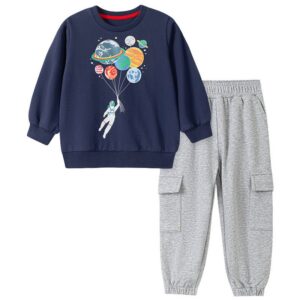 Kids Boys Fashion Autumn Space Pattern Printed Round-Neck Long-Sleeve Sweatshirt Loose Pants Two-Piece Set