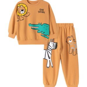 Kids Boy Cartoon Autumn Cotton Animal Print Round-Neck Long-Sleeve Sweatshirt Loose Pants Two-Piece Set