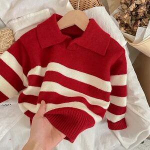 Children Fashion Casual Autumn And Winter Stripe Lapel Long-Sleeve Knitwear