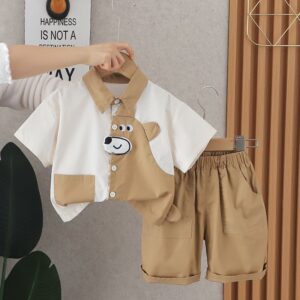 Boys Fashion Cartoon Bear Dinosaur Printed Short-Sleeve Blouse Loose Pants Two-Piece Set