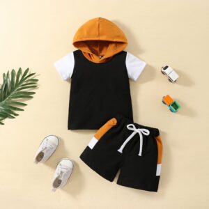Boy Fashion Casual Contrast Color Short-Sleeve Hoodies Loose Waist Shorts Two-Piece Set
