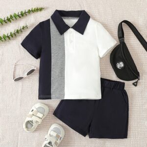 Boys Summer Casual Contrast Stitching Polo Shirt Shorts Sports Two-Piece Set