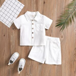 Boy Fashion Casual Cotton Linen Lapel Short-Sleeve Blouse Loose Shorts Two-Piece Set