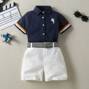 Boys Fashion Lapel Contrast Color Short-Sleeve Blouse Loose Shorts Two-Piece Set
