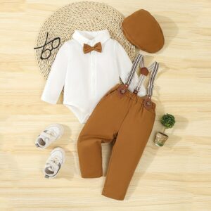 Baby's Boy Solid Color Laple Long-Sleeve Rompers Pants And Hat Three-Piece Set
