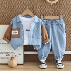 Boys Fashion Casual T-Shirt Lapel Splicing Long-Sleeve Denim Jacket Jeans Three-Piece Set