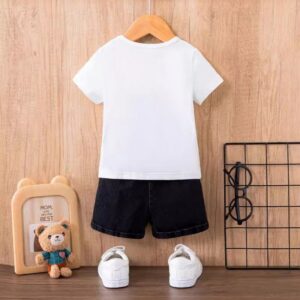 Baby Boy Fashion Cute Cartoon Bear Print Short Sleeve T-Shirt Denim Shorts Two-Piece Set