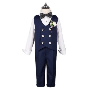 Boys Fashion Solid Color Lapel Long-Sleeve Blouse Tank Top Slim Fit Pants Five-Piece Set