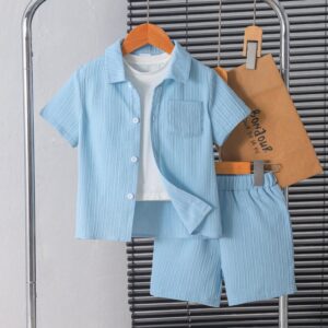 Boys Fashion Solid Color Short Sleeve Shirt And Shorts Two-Piece Handsome