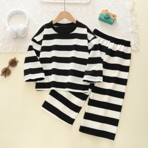 Boy Fashion Casual Black White Wide Striped Long-Sleeve T-Shirt Loose Pants Two-Piece Set