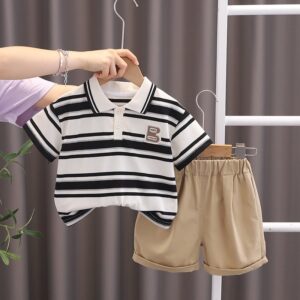 Boy Fashion Casual Lapel Stripe Short-Sleeve T-Shirt Loose Shorts Two-Piece Set