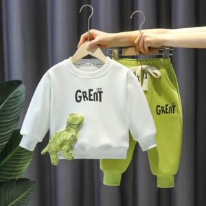 Boys Casual Cartoon Dinosaur Sweater Two-Piece Set