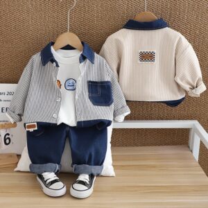 Kids Toddler Boys Fashion Casual Smiley Print Long Sleeve T-Shirt Stripe Long Sleeve Shirt Jeans Three-Piece Set