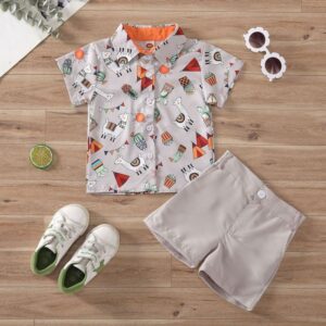 Boy Fashion Casual Printed Lapel Short Sleeve Blouse Loose Shorts Two-Piece Set
