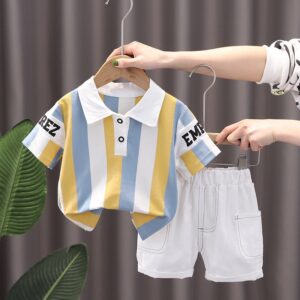 Kids Toddler Boys Casual Cute Stripe Letters Print Short Sleeve Lapel POLO Shirt Shorts Set