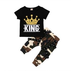 Fashion Boy Crown Print Top And Camouflage Trousers Set