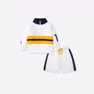 Boys Fashion Casual Color Block Long-Sleeve Zipper Top Drawstring Shorts Two-Piece Set