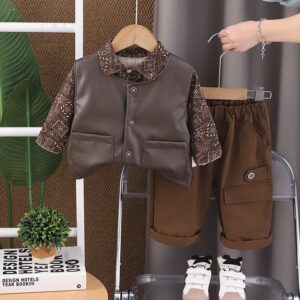 Boy Fashion Casual Pu Leather Vest Laple Long-Sleeve Printed Blouse Pants Three-Piece Set