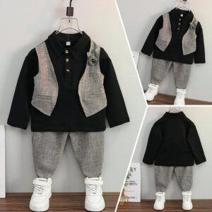 Boys Fashion Casual Splicing Lapel Long-Sleeve Top Slim Fit Pants Two-Piece Set