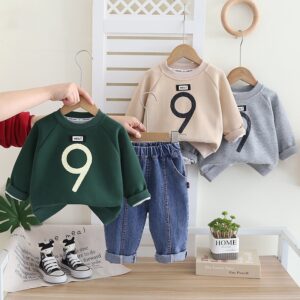 Boys Spring And Autumn Number Printing Sweatshirt Jeans Set