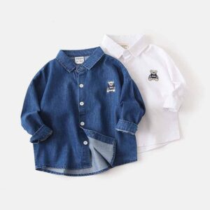 Kids Toddler Boys Fashion Casual Cartoon Embroidery Long Sleeve Lapel Denim Shirt