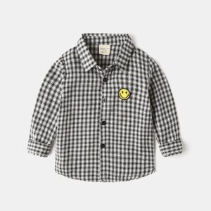 Kids Toddler Boys Fashion Casual Playd Smiley Print Long Sleeve Lapel Shirt