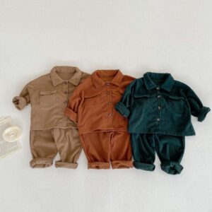 Kids Toddler Boys Fashion Casual Solid Color Corduroy Long Sleeve Lapel Shacket Pants Sets