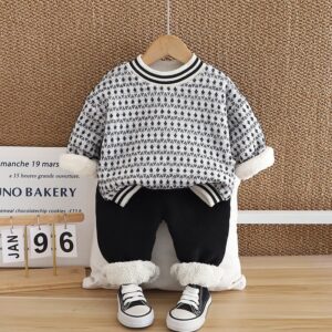 Kids Toddler Boys Autumn Winter Fashion Casual Tiny Flower Fleece Long Sleeve Sweatshirts Trousers Sets