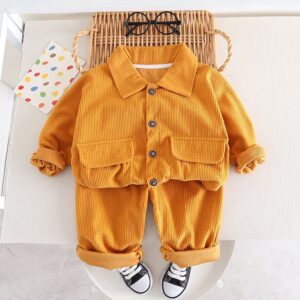 Kids Toddler Boys Fashion Casual Solid Color Corduroy Long Sleeve Lapel Shacket Pants Sets