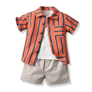 Kids Toddler Boys Fashion Casual Stripe Print T-Shirt Short Sleeve Lapel Shirt Shorts Three-Piece Set