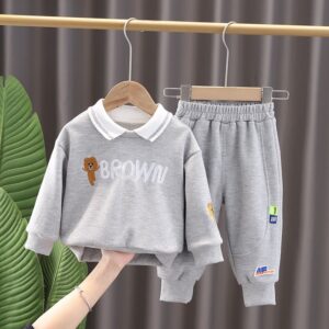 Kids Toddler Boys Casual Cartoon Bear Alphabet Embroidery Long Sleeve Lapel Sweatshirts Pants Sets