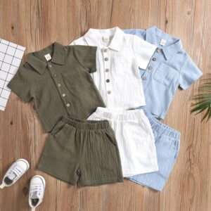 Toddlers Newborn Baby Fashion Boys Casual Short Sleeve Solid Color Lapel Shirt And Shorts 2pcs Set