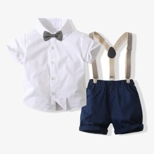 Kids Toddler Boys Party Casual British Style Bows Short Sleeve Lapel Shirt Suspender Pants Sets