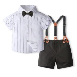 Kids Toddler Boys Party Casual British Style Bows Short Sleeve Lapel Shirt Suspender Pants Sets