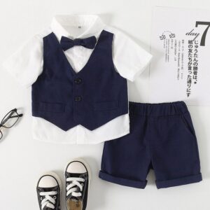 Kids Toddler Boys Party Casual British Style Vest Short-Sleeved Shirt False Two-Piece Shorts Sets