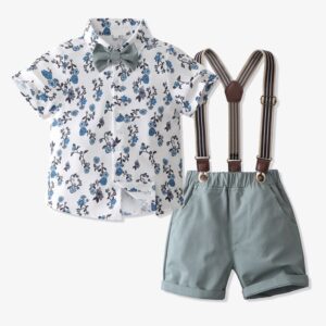 Kids Toddler Boys Party Casual British Style Bows Short Sleeve Lapel Shirt Suspender Pants Sets